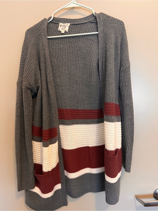 Bose Sweaters - Bose Gray Cardigan with Burgundy and Cream Stripes